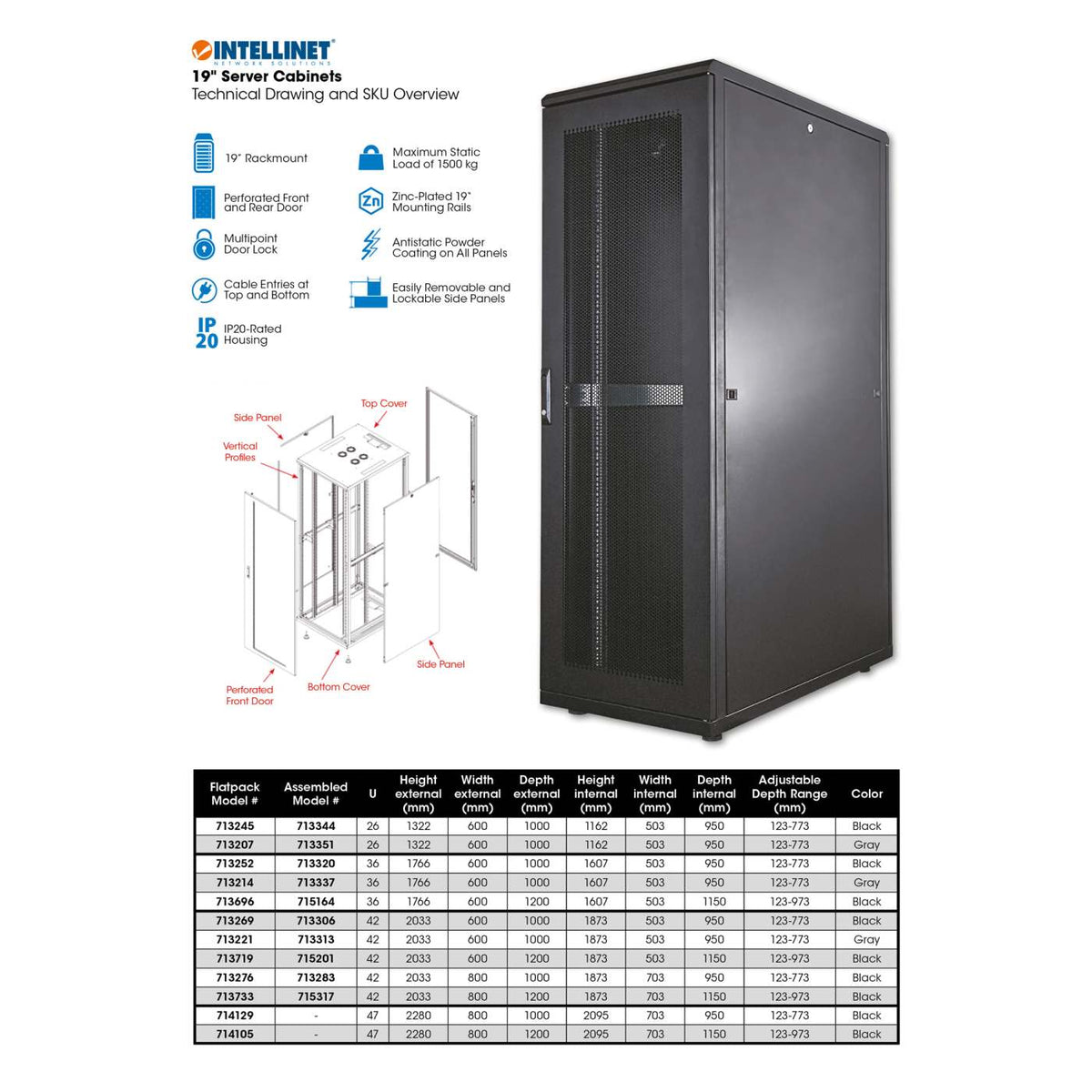 19" Server Cabinet, 26U, 1000 (D) x 600 (W) x 1322 (H) mm, Black Image 11