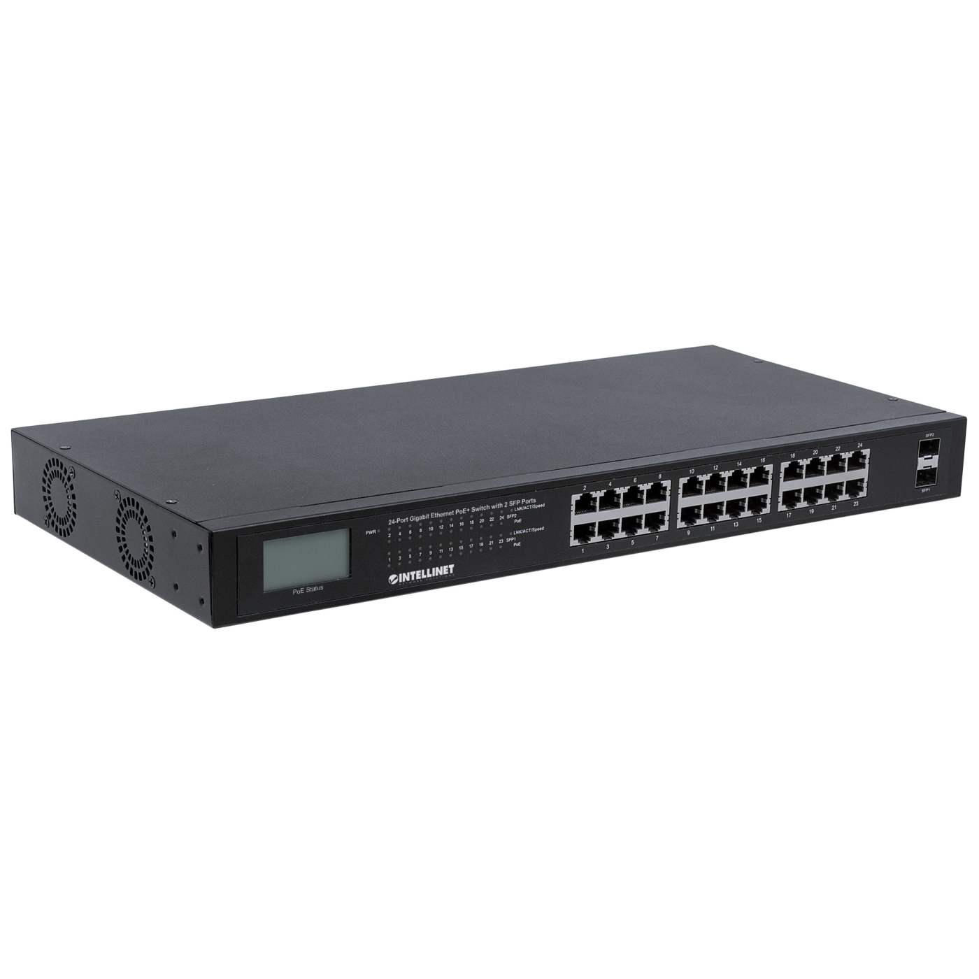 24-Port Gigabit Ethernet PoE+ Switch with 2 SFP Ports and LCD Screen Image 3