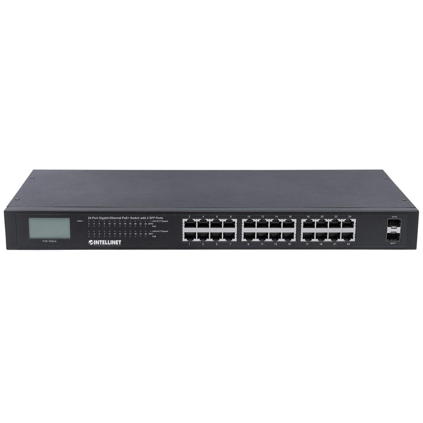 24-Port Gigabit Ethernet PoE+ Switch with 2 SFP Ports and LCD Screen Image 4