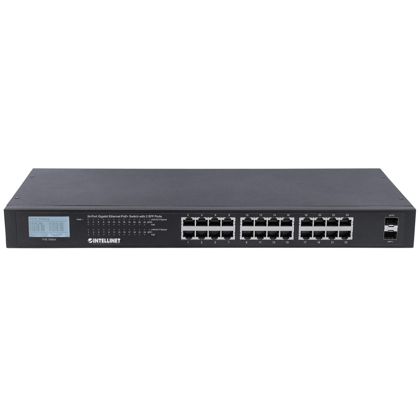 24-Port Gigabit Ethernet PoE+ Switch with 2 SFP Ports and LCD Screen Image 7