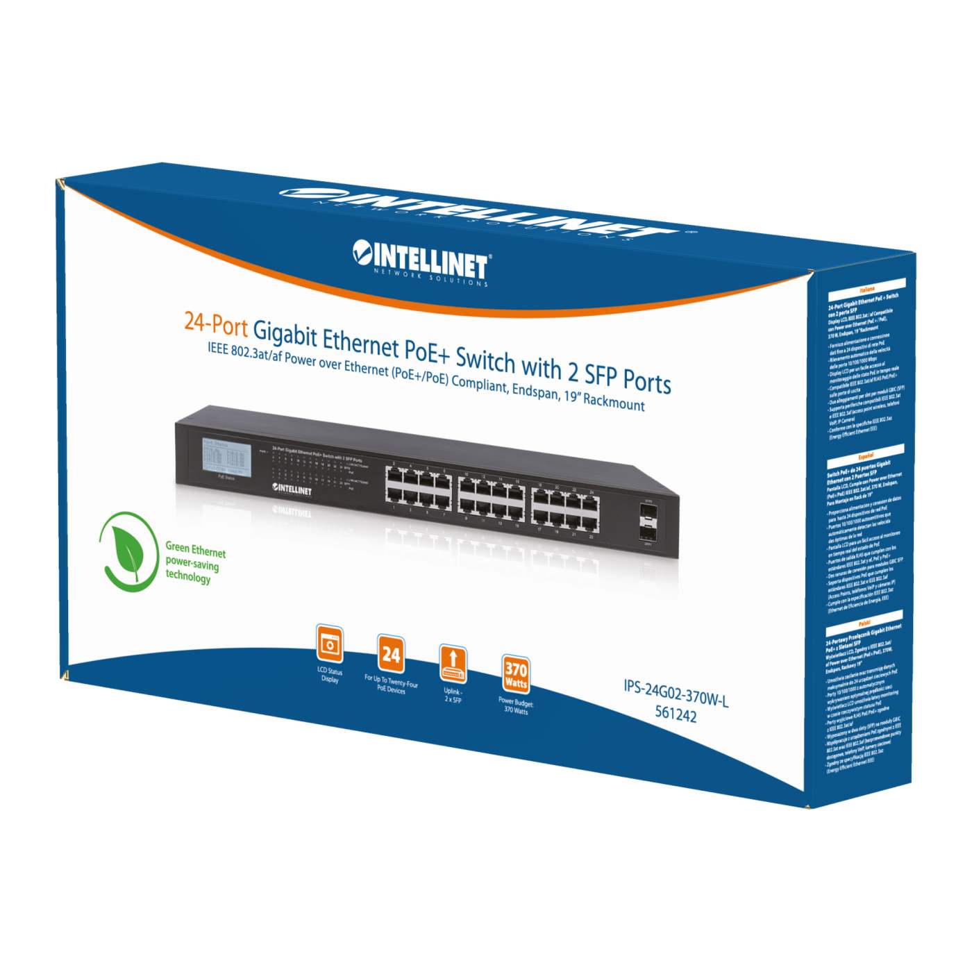 24-Port Gigabit Ethernet PoE+ Switch with 2 SFP Ports and LCD Screen Packaging Image 2