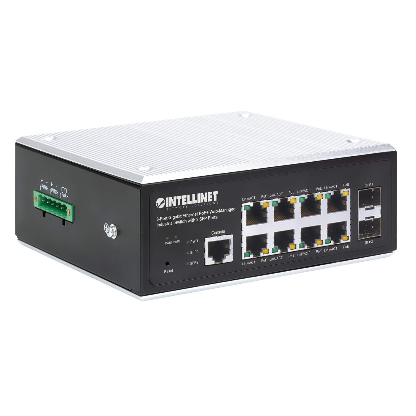 Industrial 8-Port Gigabit Ethernet PoE+ Layer 2+ Web-Managed Switch with 2 SFP Ports Image 2