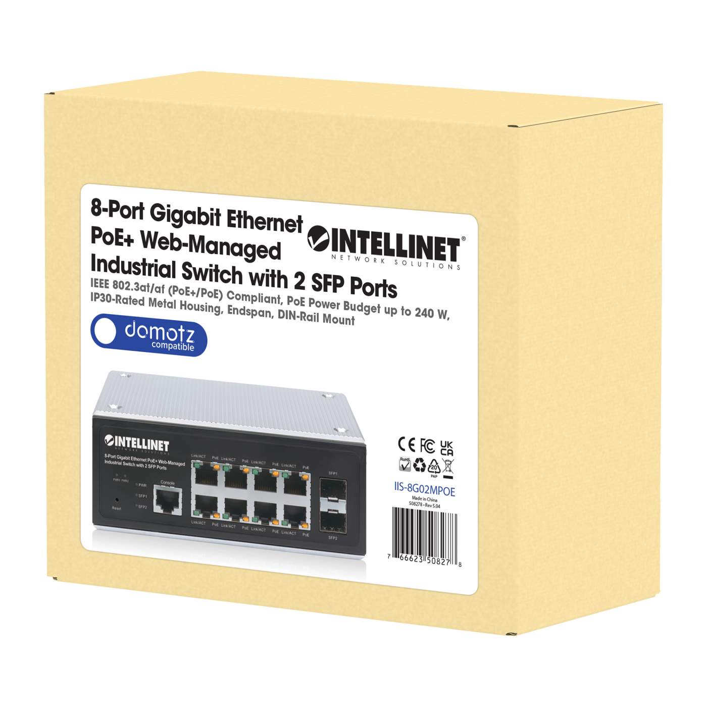 Industrial 8-Port Gigabit Ethernet PoE+ Layer 2+ Web-Managed Switch with 2 SFP Ports Packaging Image 2