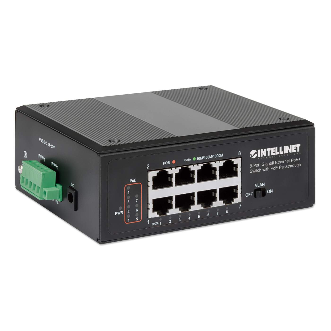 PoE-Powered 8-Port GbE PoE+ Industrial Switch w/ PoE Passthrough