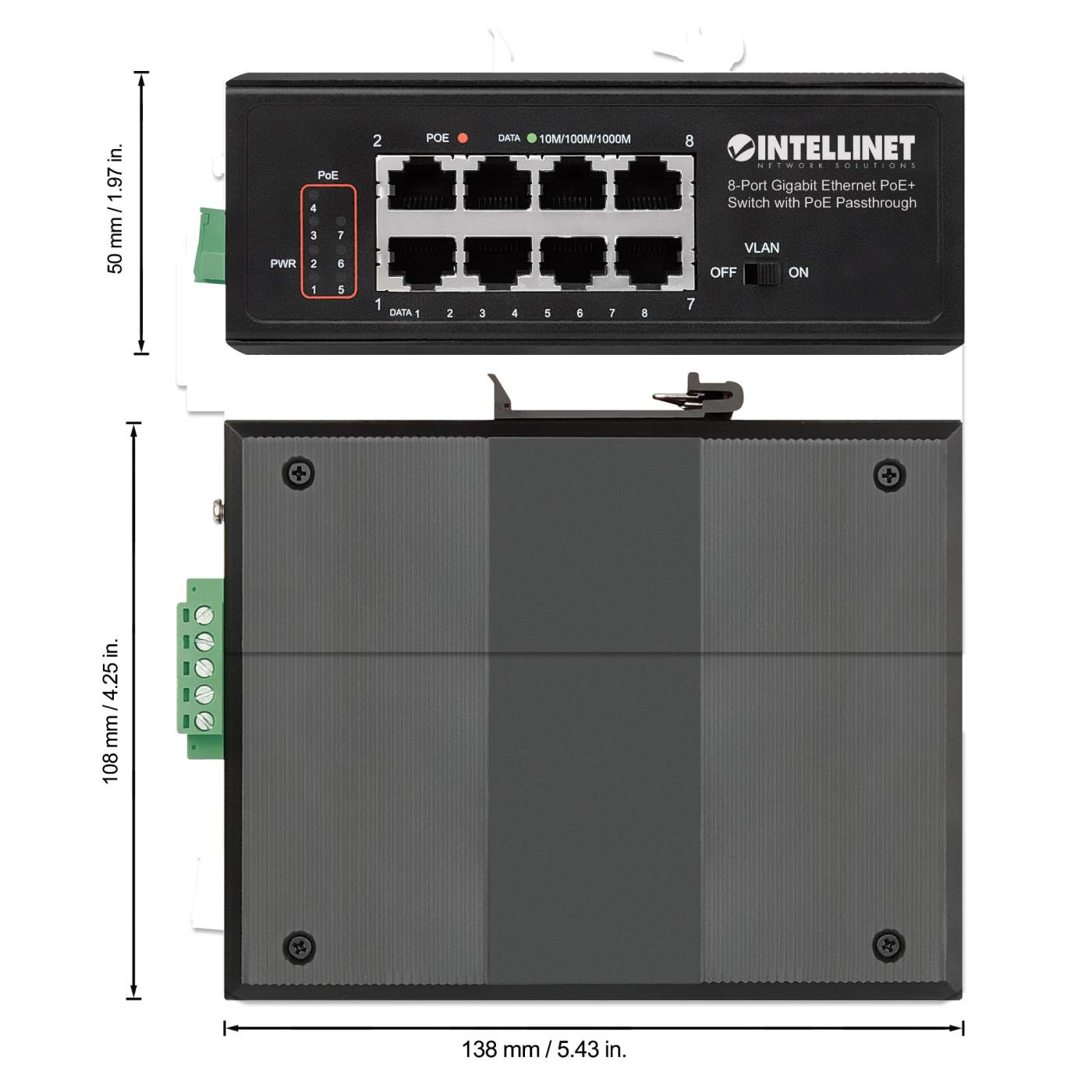 Industrial PoE-Powered 8-Port Gigabit Switch with PoE Passthrough