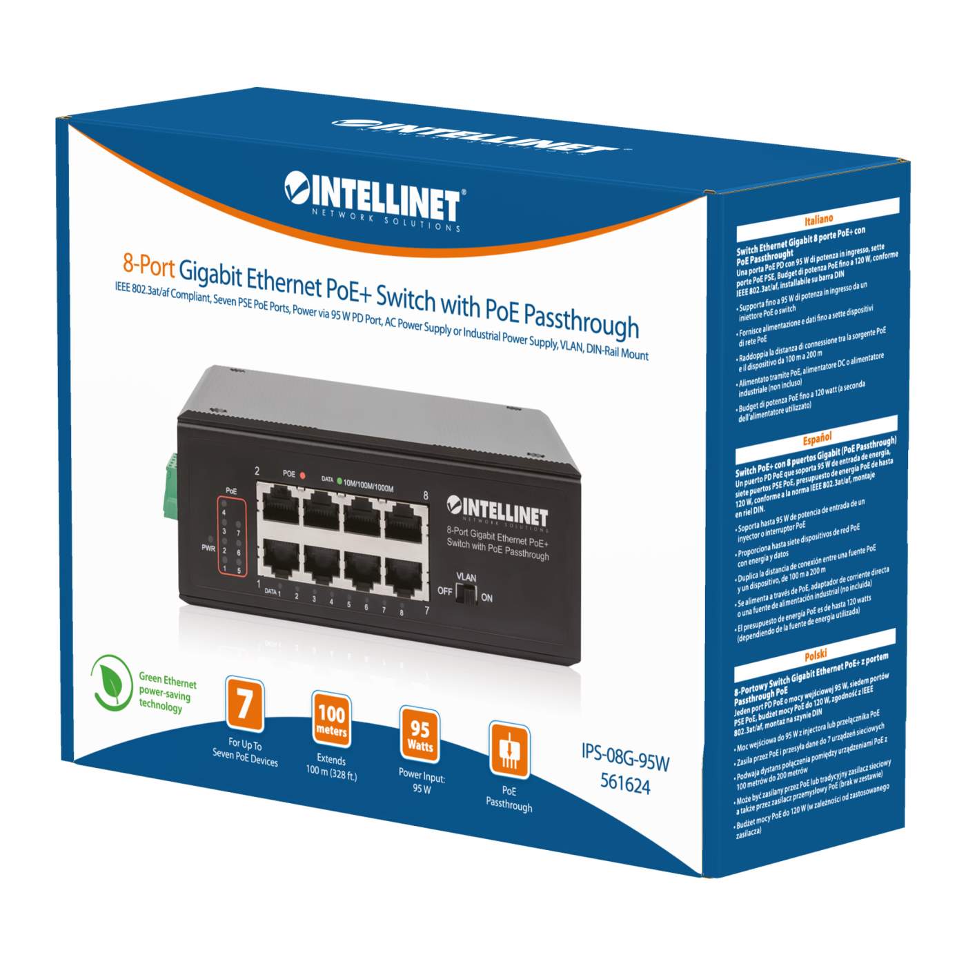 PoE-Powered 8-Port Gigabit Ethernet PoE+ Industrial Switch with PoE Passthrough Packaging Image 2